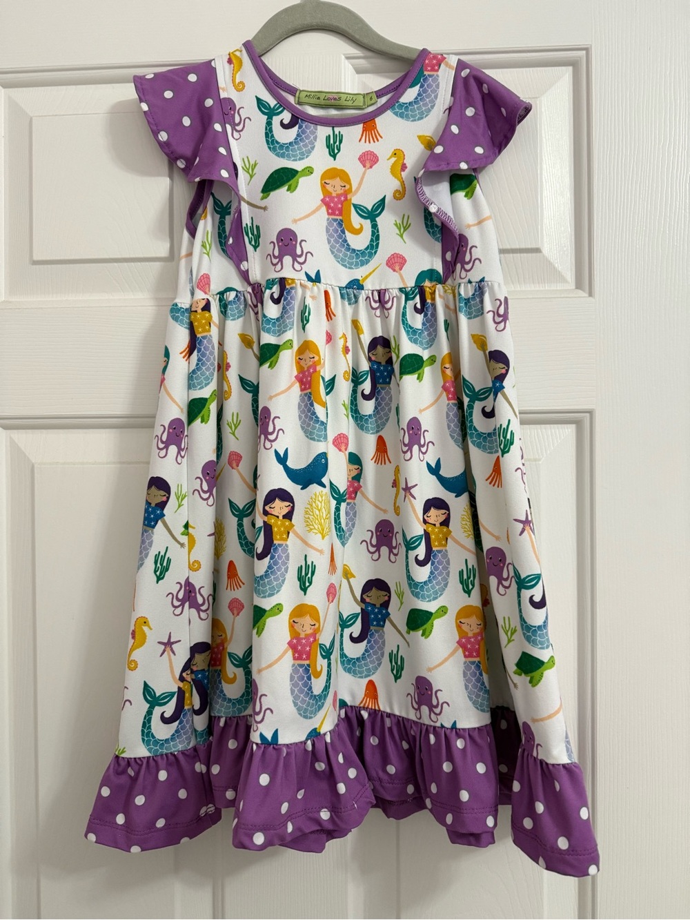 Girls Mermaid Print Casual Dress in White and Purple
